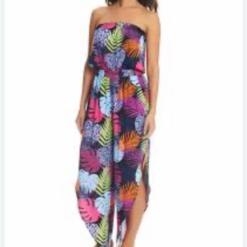 Bar III Tropical Strapless Wide-Leg Jumpsuit in Neon Leaf Print